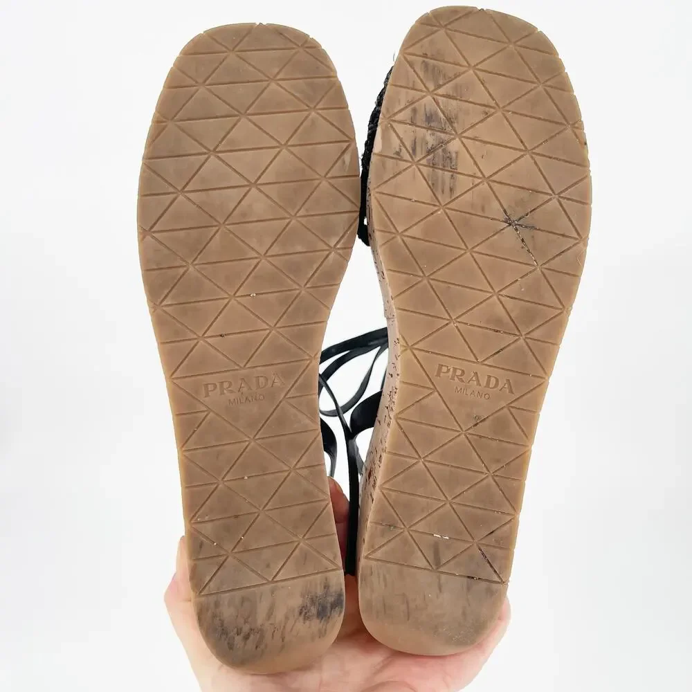 Prada Black Raffia Crochet Logo Cork Platform Lace Up Ankle Tie Sandals IT 41